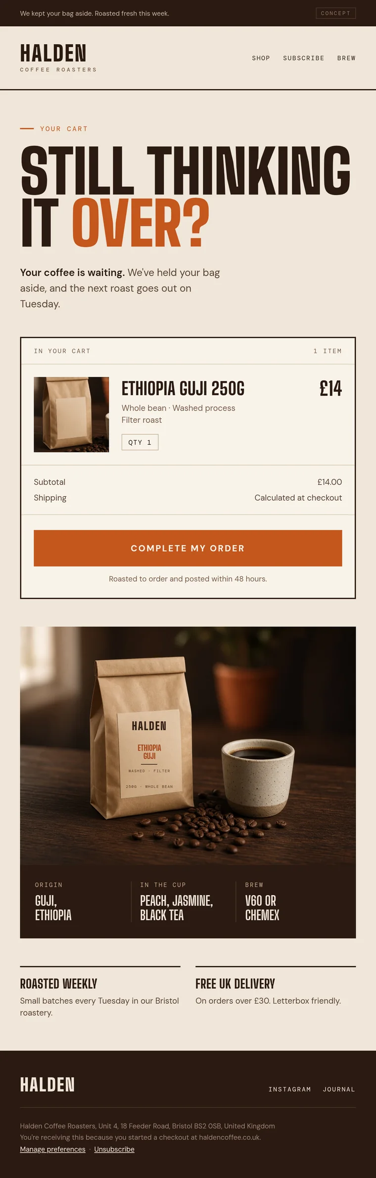 Concept abandoned-cart email for Halden Coffee, a demo coffee roaster