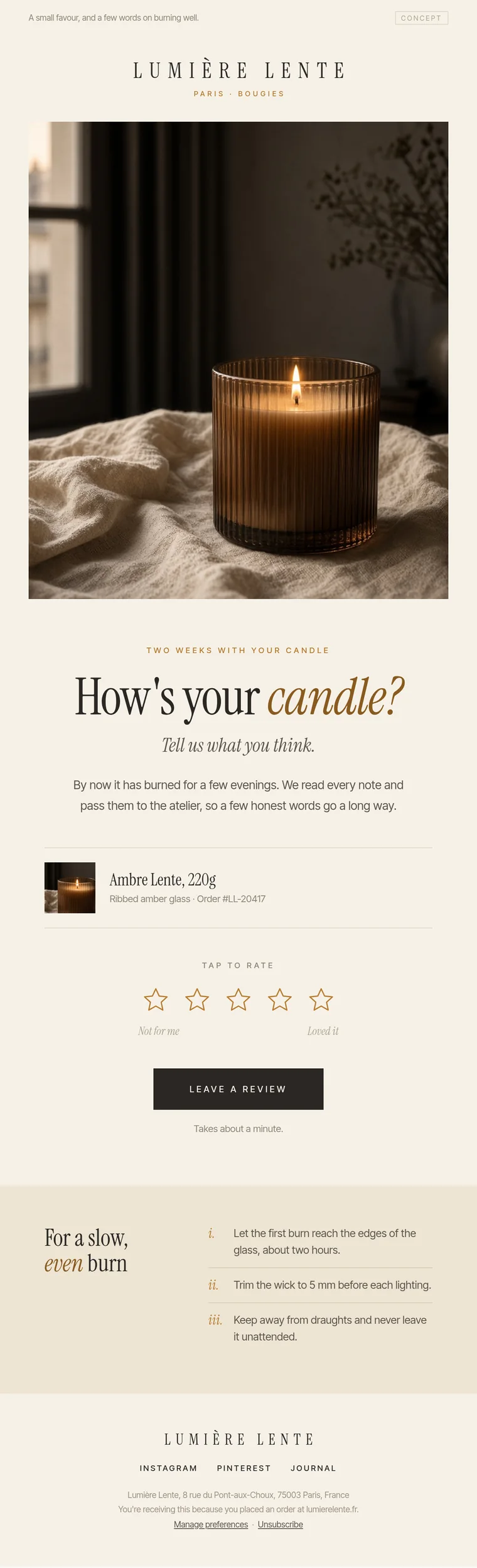 Concept review-request email for Lumière Lente, a demo candle brand