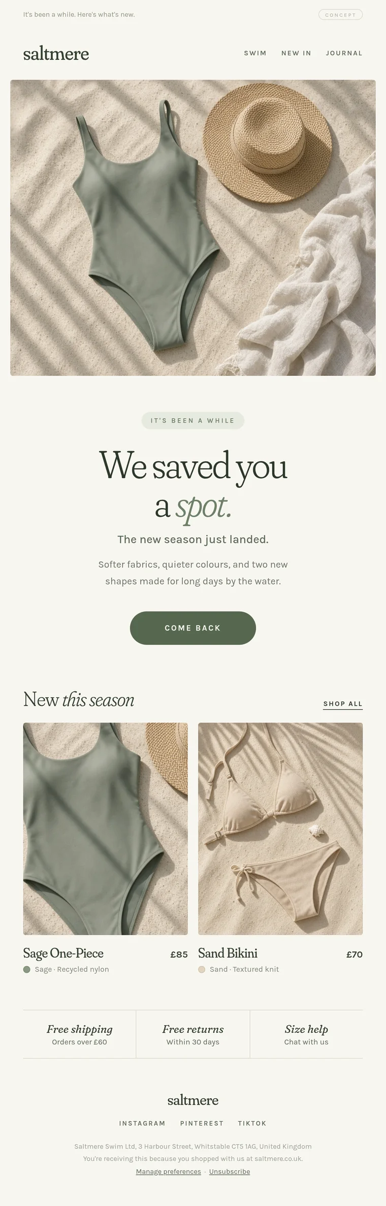 Concept winback email for Saltmere, a demo swimwear brand