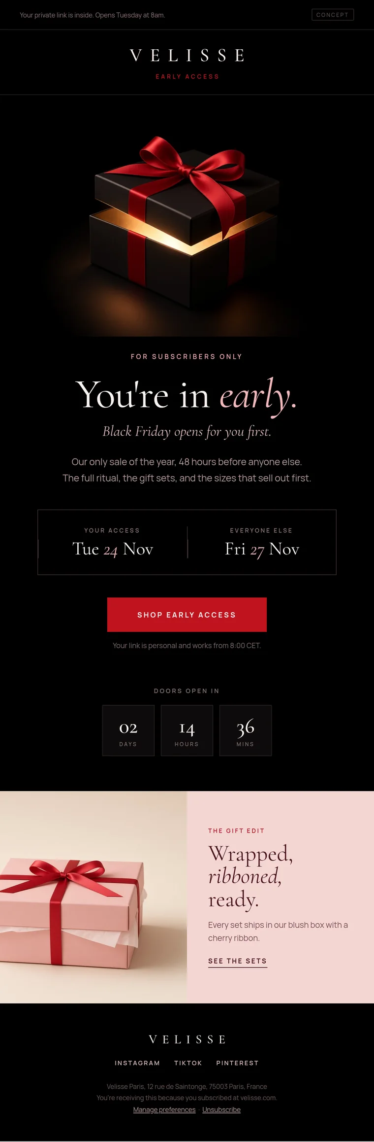 Concept Black Friday early-access email for Velisse, a demo skincare brand