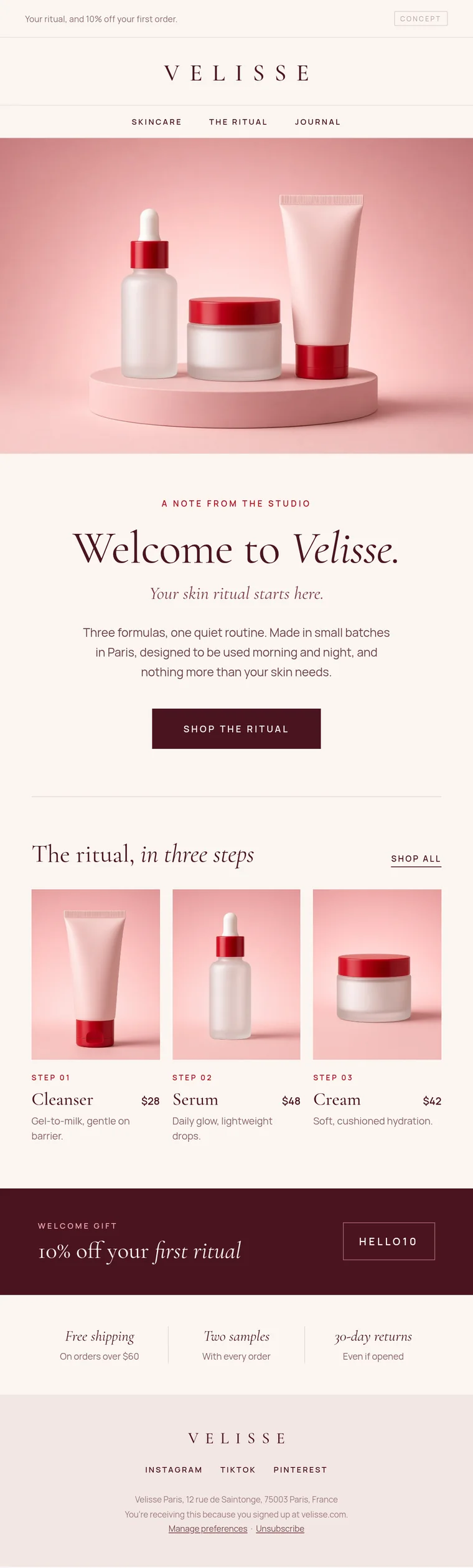 Concept welcome email for Velisse, a demo skincare brand